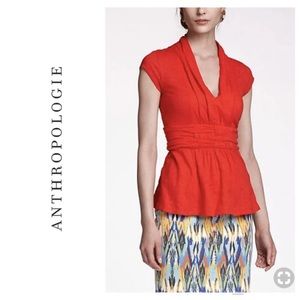 Anthropologie Deletta Waist Weaved Ruched Peplum V-Neck Cap Sleeve Top Medium